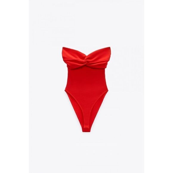 NWT Zara Sweetheart Neckline Off-the-Shoulder Bodysuit with Knot in Red, Small - Picture 7 of 14